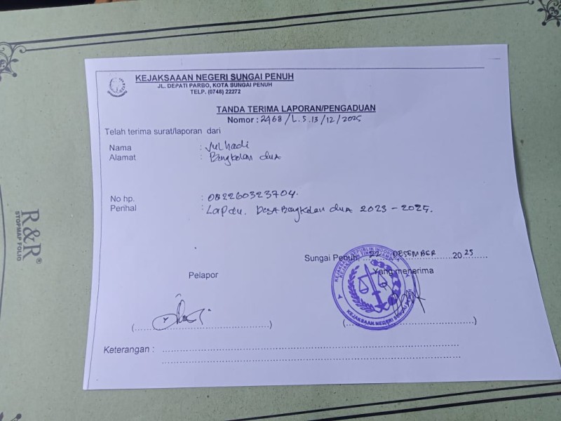 Perangkat Desa Bengkolan Dua Laporkan Dugaan SPJ Fiktif Dana Desa ke Kejari Sungai Penuh