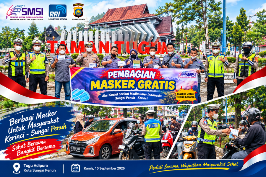Kabut Asap Makin Tebal, SMSI-RRI dan Satlantas Polres Kerinci Bagikan Ribuan Masker di Sungai Penuh