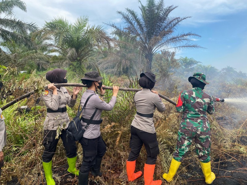 Srikandi Danramil dan Polwan Polres Rohil ikut Memadamkan Api Di Rohil