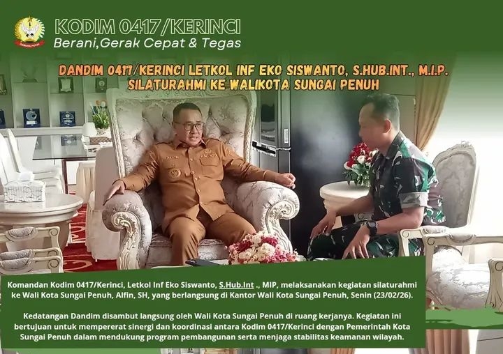 Perkuat Sinergi TNI–Pemkot, Dandim 0417/Kerinci Silaturahmi dengan Wali Kota Sungai Penuh